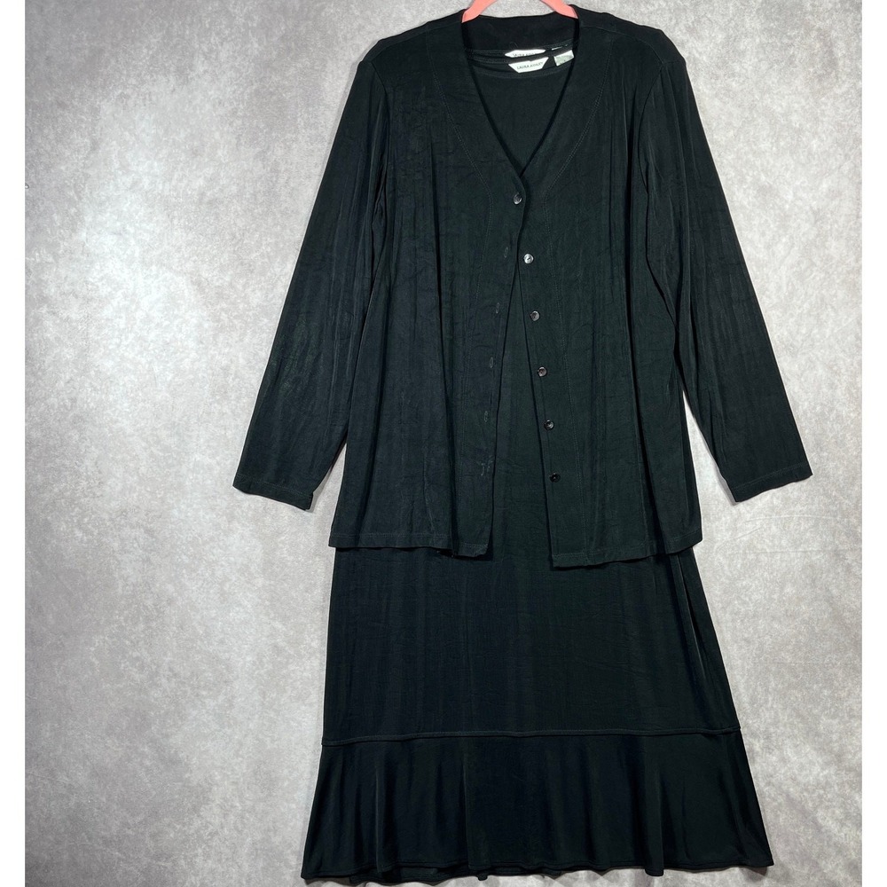 Laura Ashley Maxi Dress Cardigan Sweater Set Womens Large Black Liquid Knit Work
